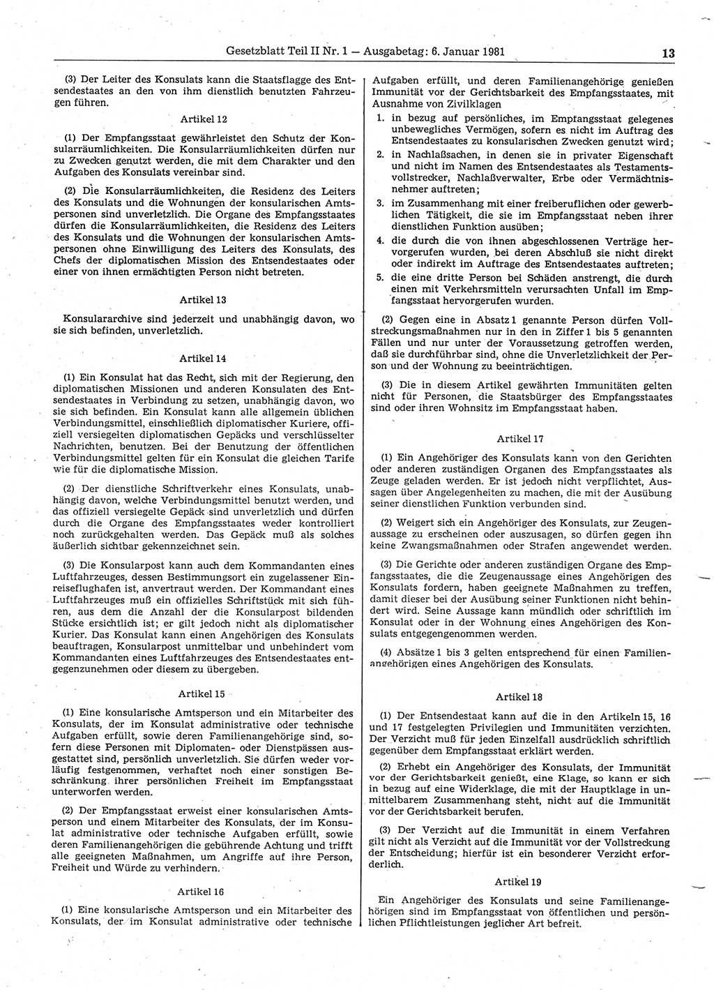 Gesetzblatt (GBl.) der Deutschen Demokratischen Republik (DDR) Teil ⅠⅠ 1981, Seite 13 (GBl. DDR ⅠⅠ 1981, S. 13)