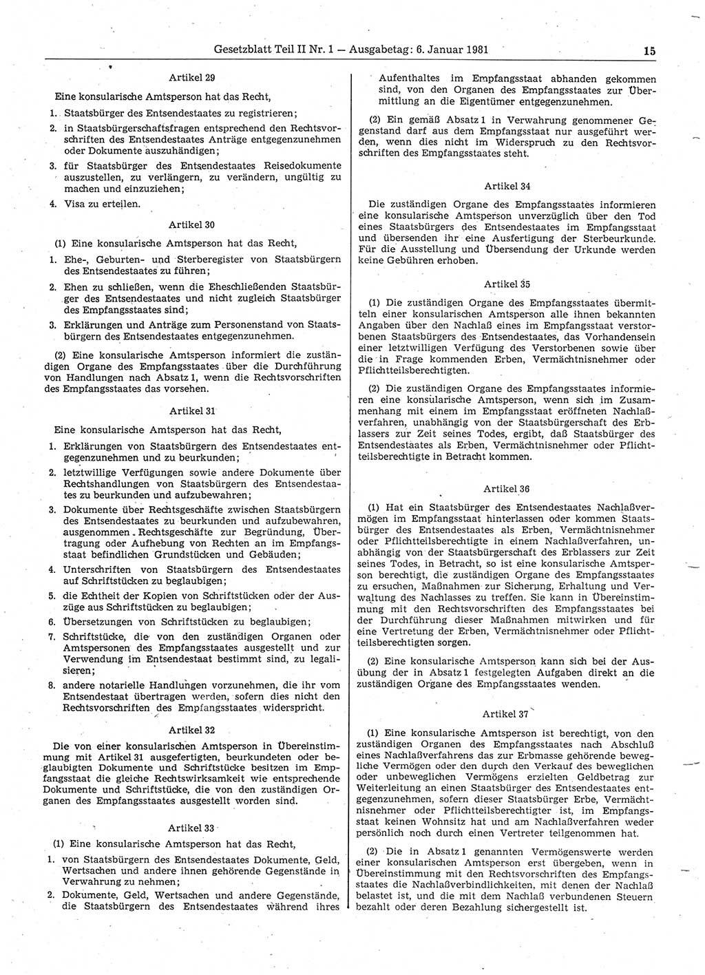 Gesetzblatt (GBl.) der Deutschen Demokratischen Republik (DDR) Teil ⅠⅠ 1981, Seite 15 (GBl. DDR ⅠⅠ 1981, S. 15)