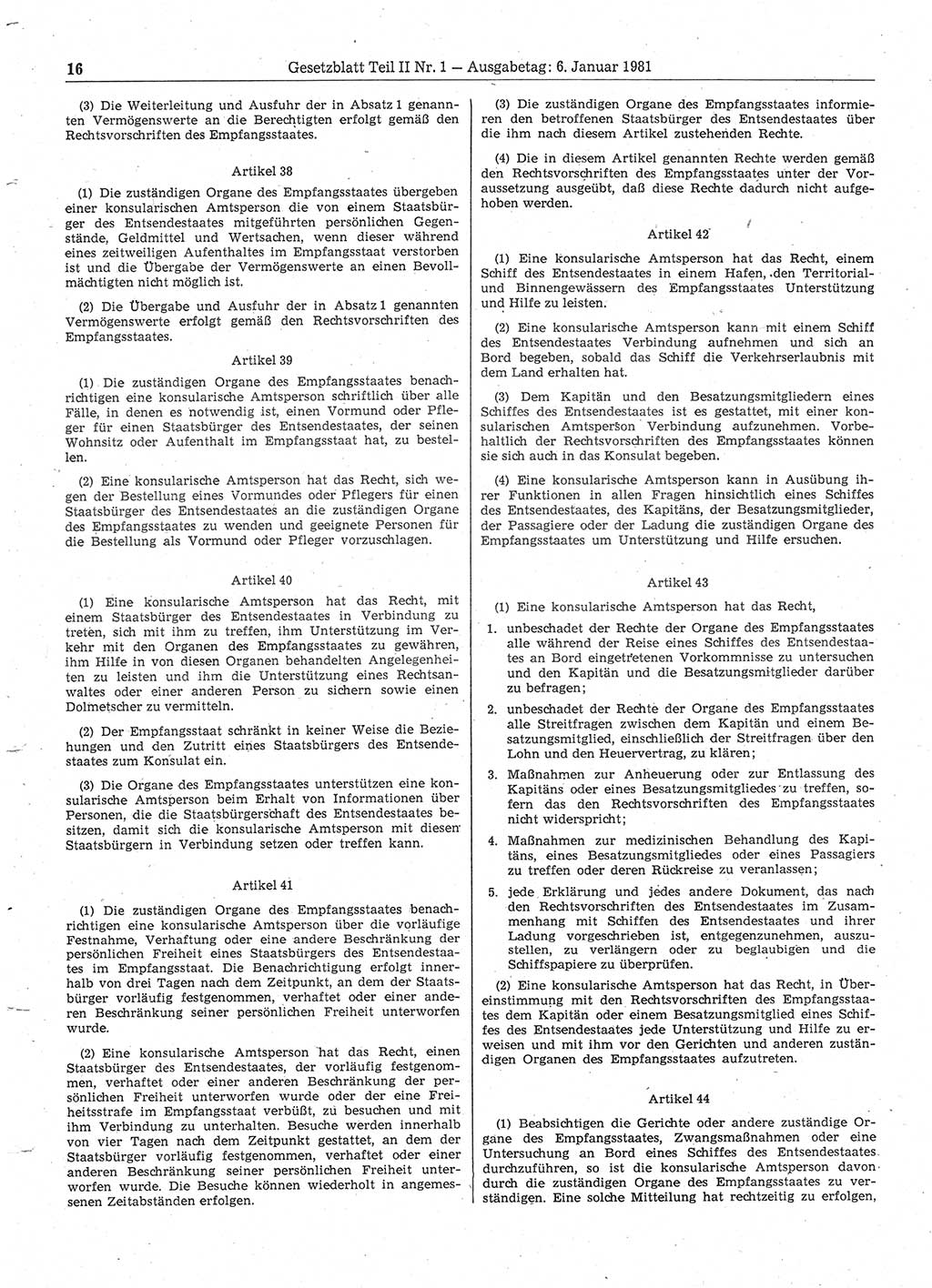 Gesetzblatt (GBl.) der Deutschen Demokratischen Republik (DDR) Teil ⅠⅠ 1981, Seite 16 (GBl. DDR ⅠⅠ 1981, S. 16)
