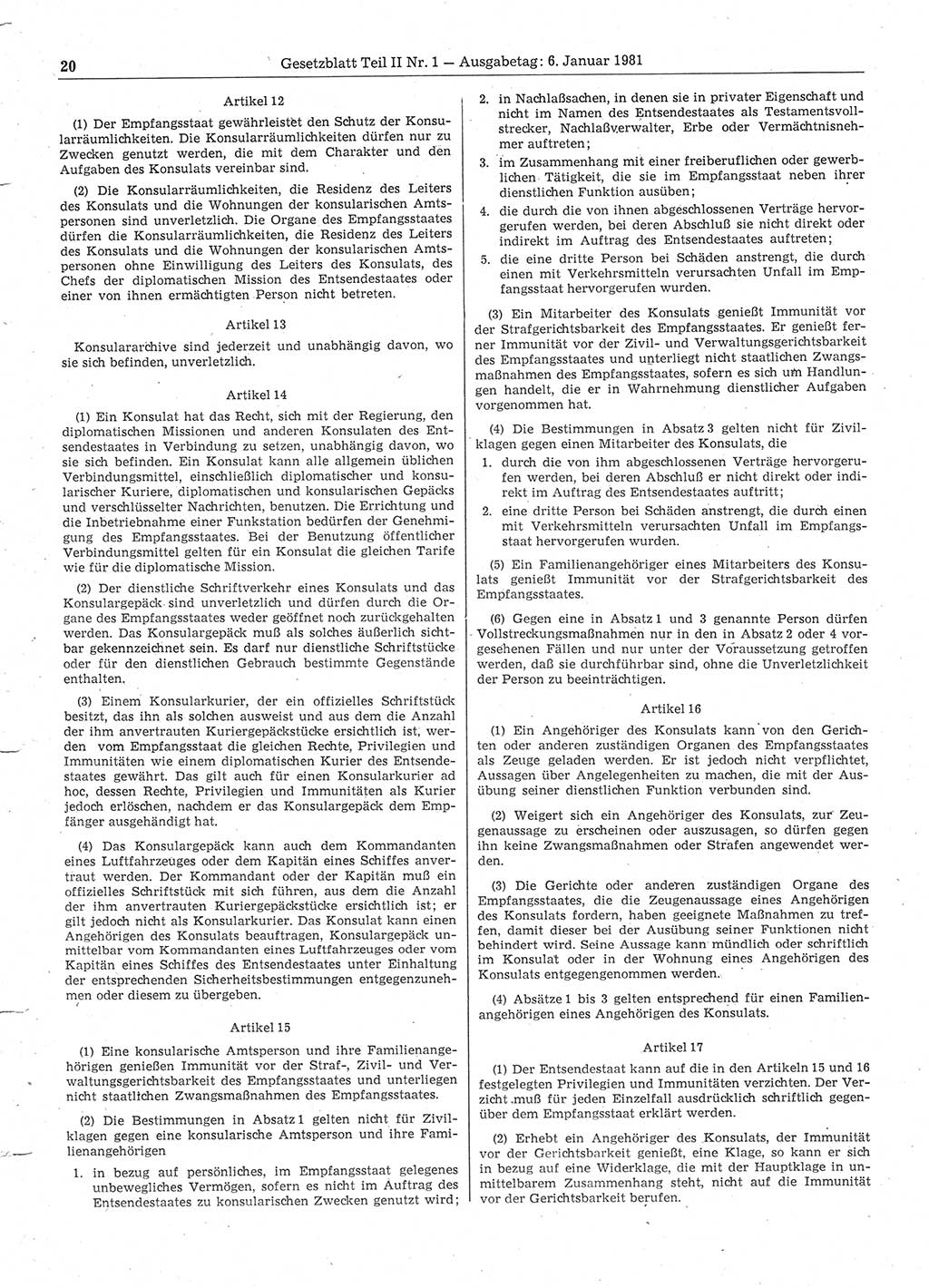 Gesetzblatt (GBl.) der Deutschen Demokratischen Republik (DDR) Teil ⅠⅠ 1981, Seite 20 (GBl. DDR ⅠⅠ 1981, S. 20)