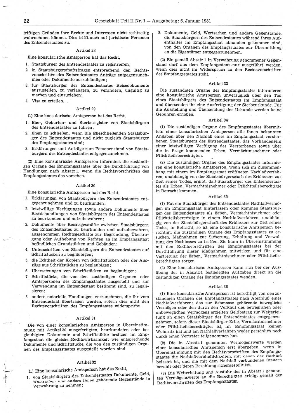 Gesetzblatt (GBl.) der Deutschen Demokratischen Republik (DDR) Teil ⅠⅠ 1981, Seite 22 (GBl. DDR ⅠⅠ 1981, S. 22)
