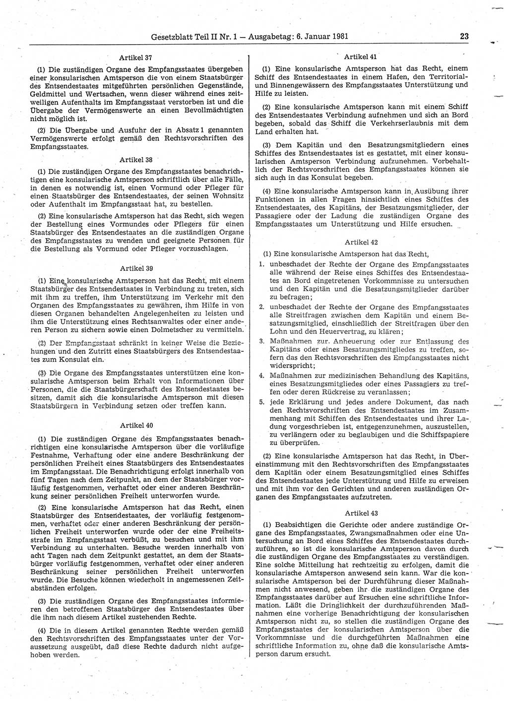 Gesetzblatt (GBl.) der Deutschen Demokratischen Republik (DDR) Teil ⅠⅠ 1981, Seite 23 (GBl. DDR ⅠⅠ 1981, S. 23)