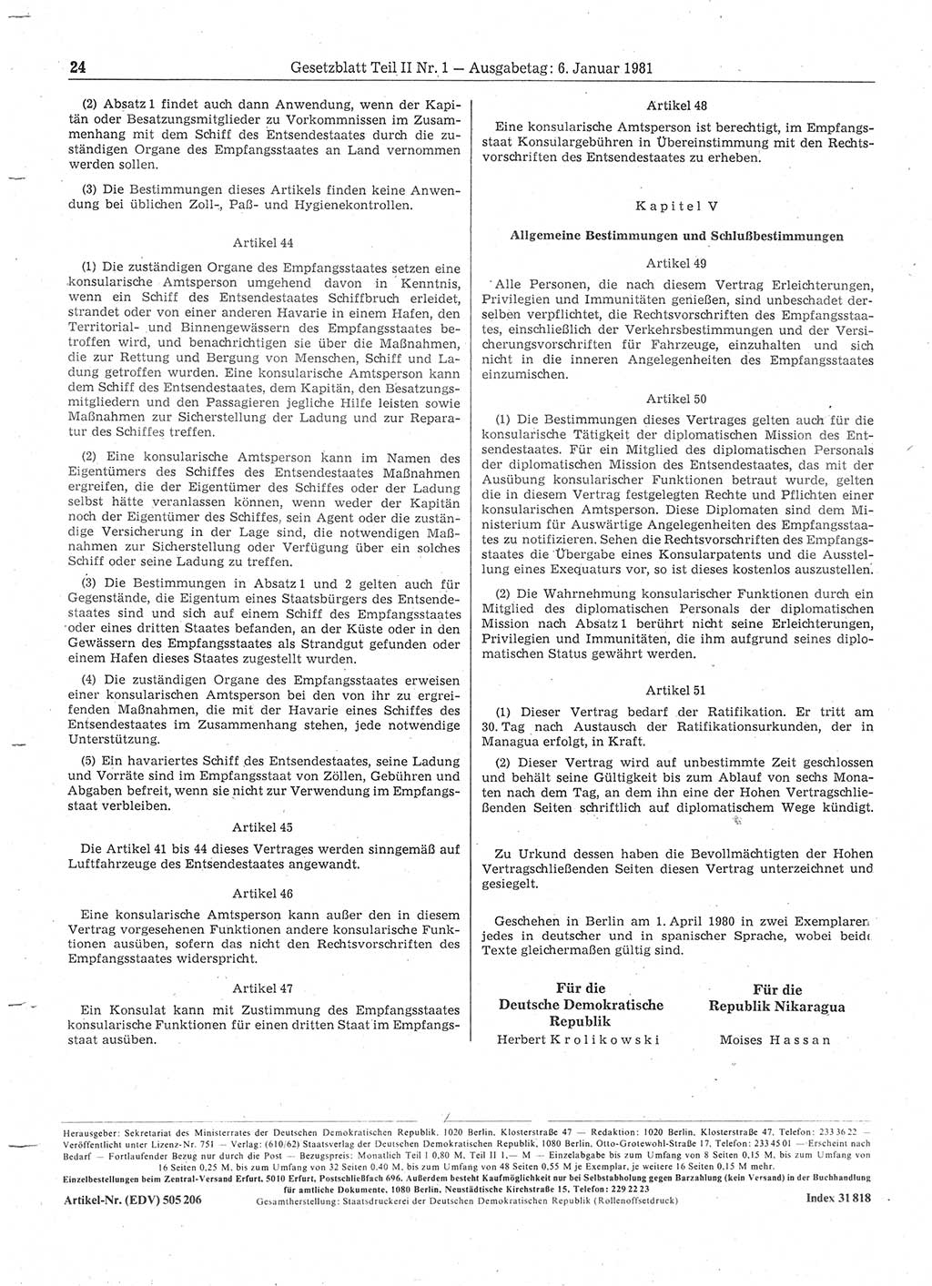 Gesetzblatt (GBl.) der Deutschen Demokratischen Republik (DDR) Teil ⅠⅠ 1981, Seite 24 (GBl. DDR ⅠⅠ 1981, S. 24)
