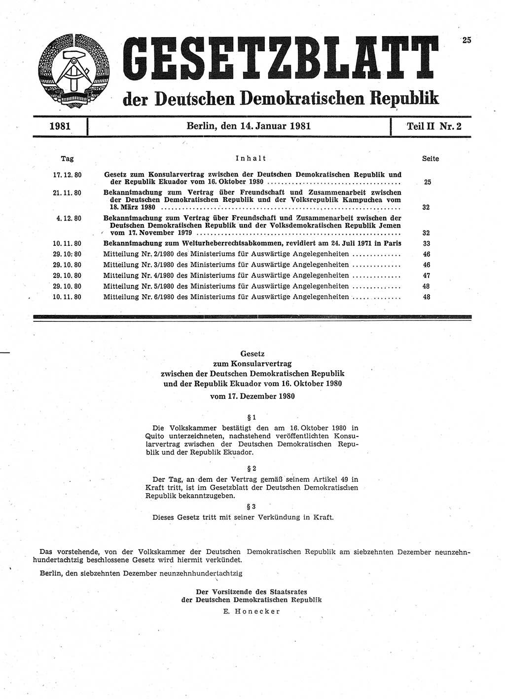 Gesetzblatt (GBl.) der Deutschen Demokratischen Republik (DDR) Teil ⅠⅠ 1981, Seite 25 (GBl. DDR ⅠⅠ 1981, S. 25)