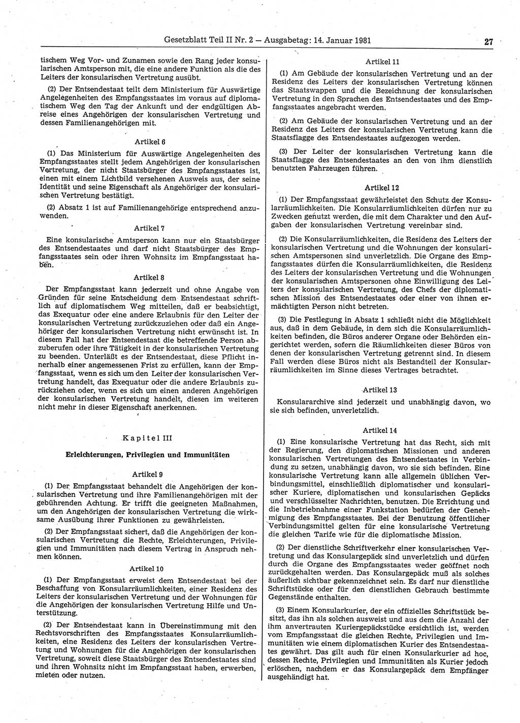 Gesetzblatt (GBl.) der Deutschen Demokratischen Republik (DDR) Teil ⅠⅠ 1981, Seite 27 (GBl. DDR ⅠⅠ 1981, S. 27)