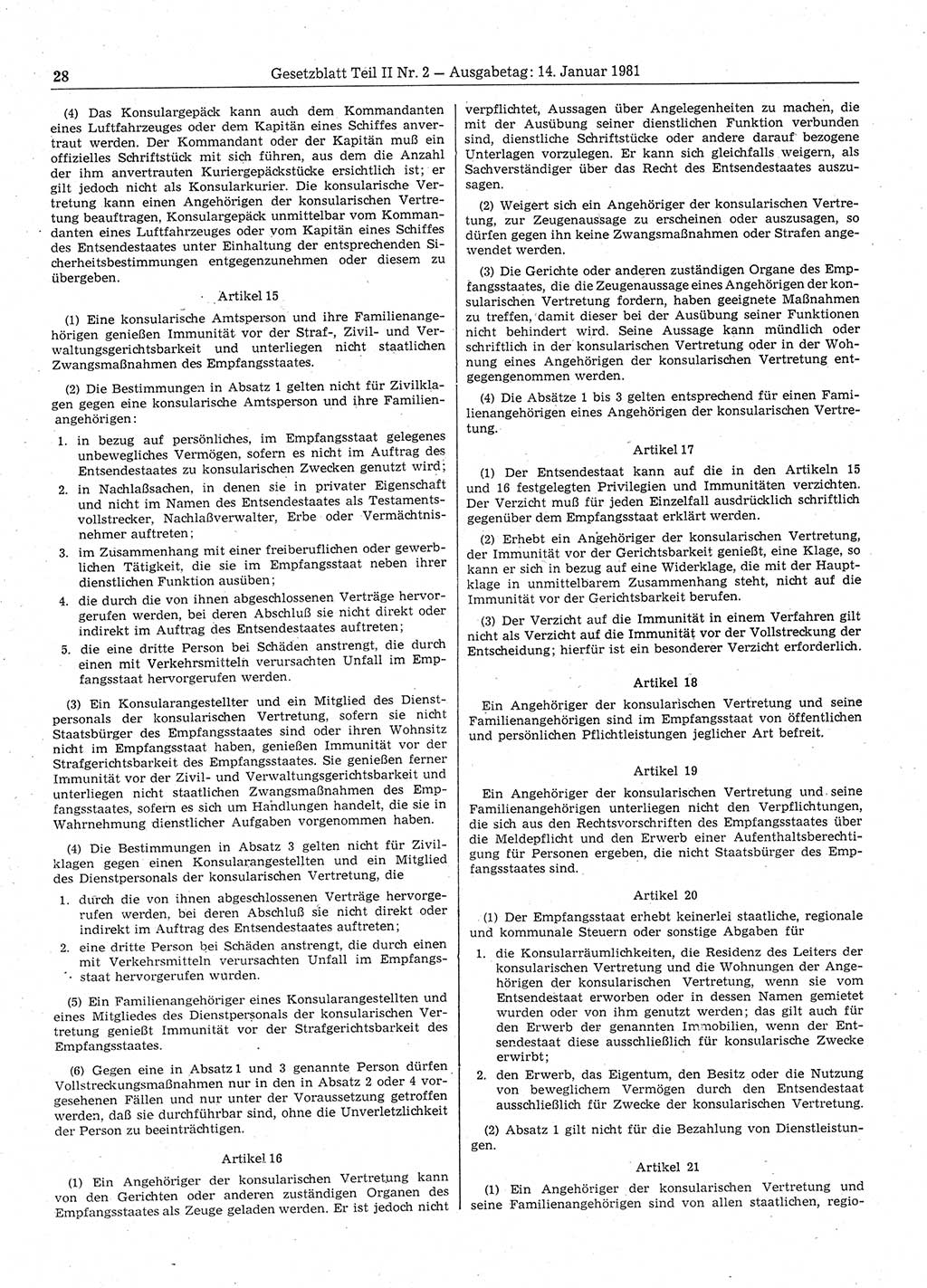 Gesetzblatt (GBl.) der Deutschen Demokratischen Republik (DDR) Teil ⅠⅠ 1981, Seite 28 (GBl. DDR ⅠⅠ 1981, S. 28)