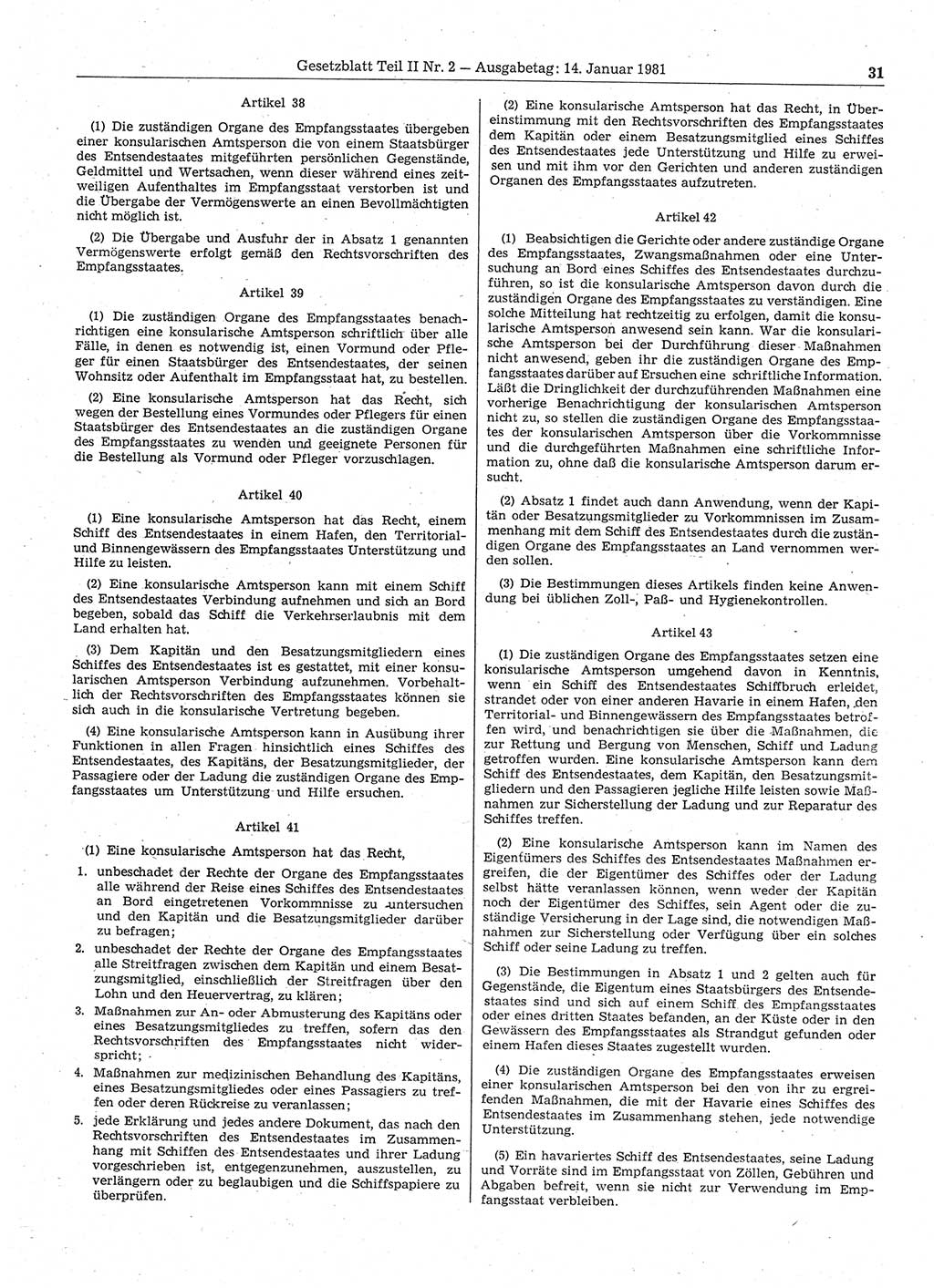 Gesetzblatt (GBl.) der Deutschen Demokratischen Republik (DDR) Teil ⅠⅠ 1981, Seite 31 (GBl. DDR ⅠⅠ 1981, S. 31)