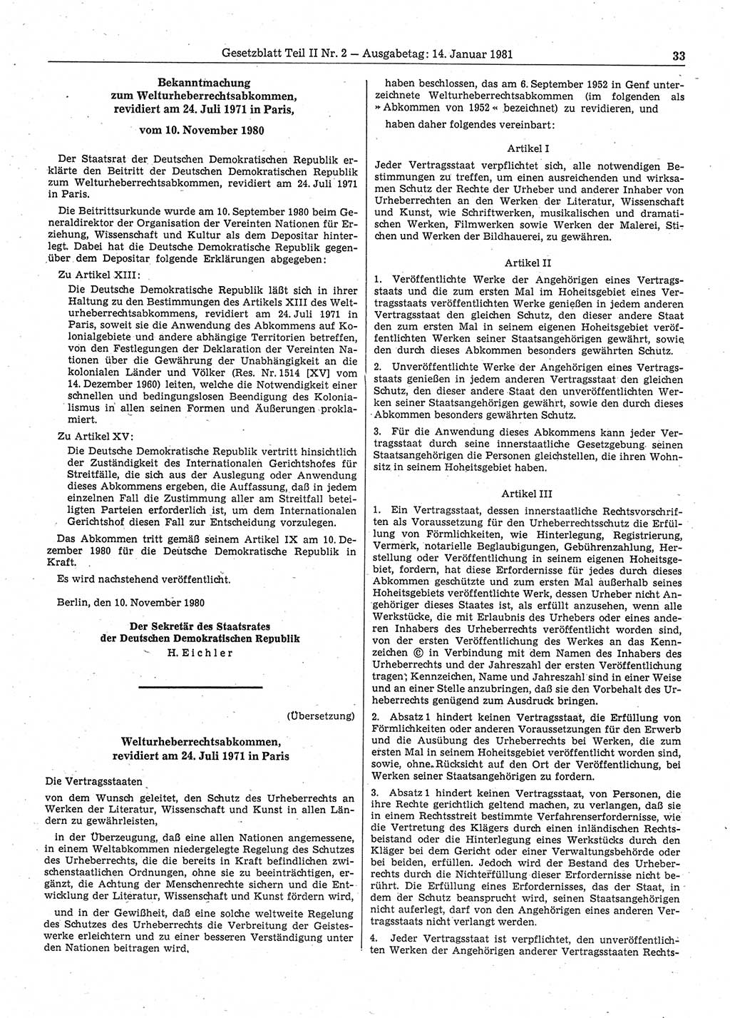 Gesetzblatt (GBl.) der Deutschen Demokratischen Republik (DDR) Teil ⅠⅠ 1981, Seite 33 (GBl. DDR ⅠⅠ 1981, S. 33)