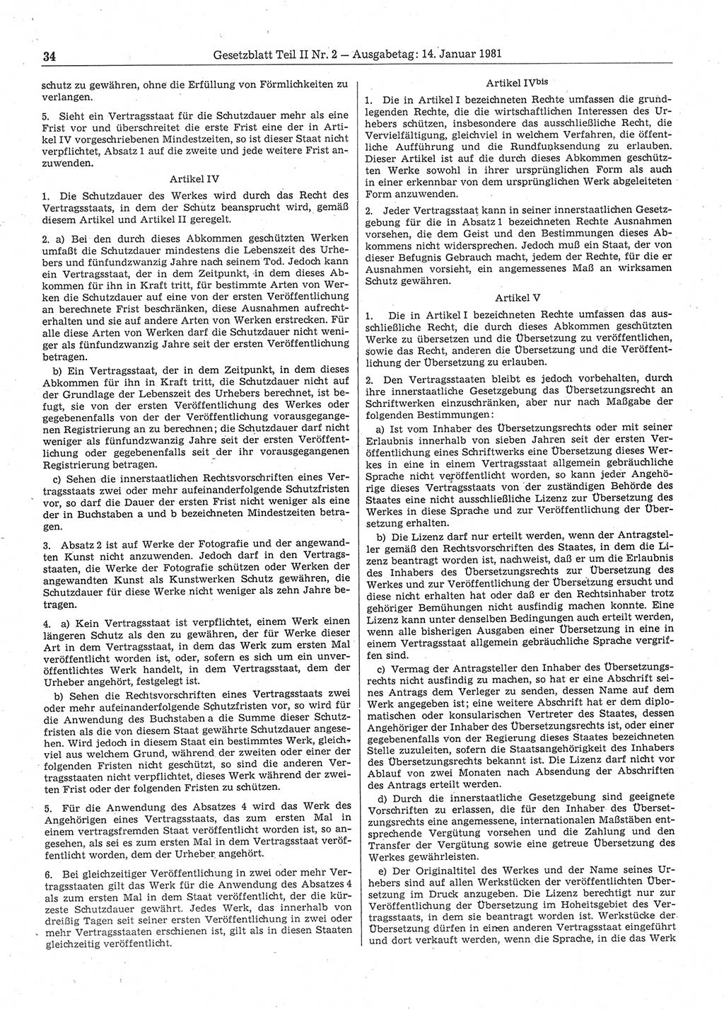 Gesetzblatt (GBl.) der Deutschen Demokratischen Republik (DDR) Teil ⅠⅠ 1981, Seite 34 (GBl. DDR ⅠⅠ 1981, S. 34)