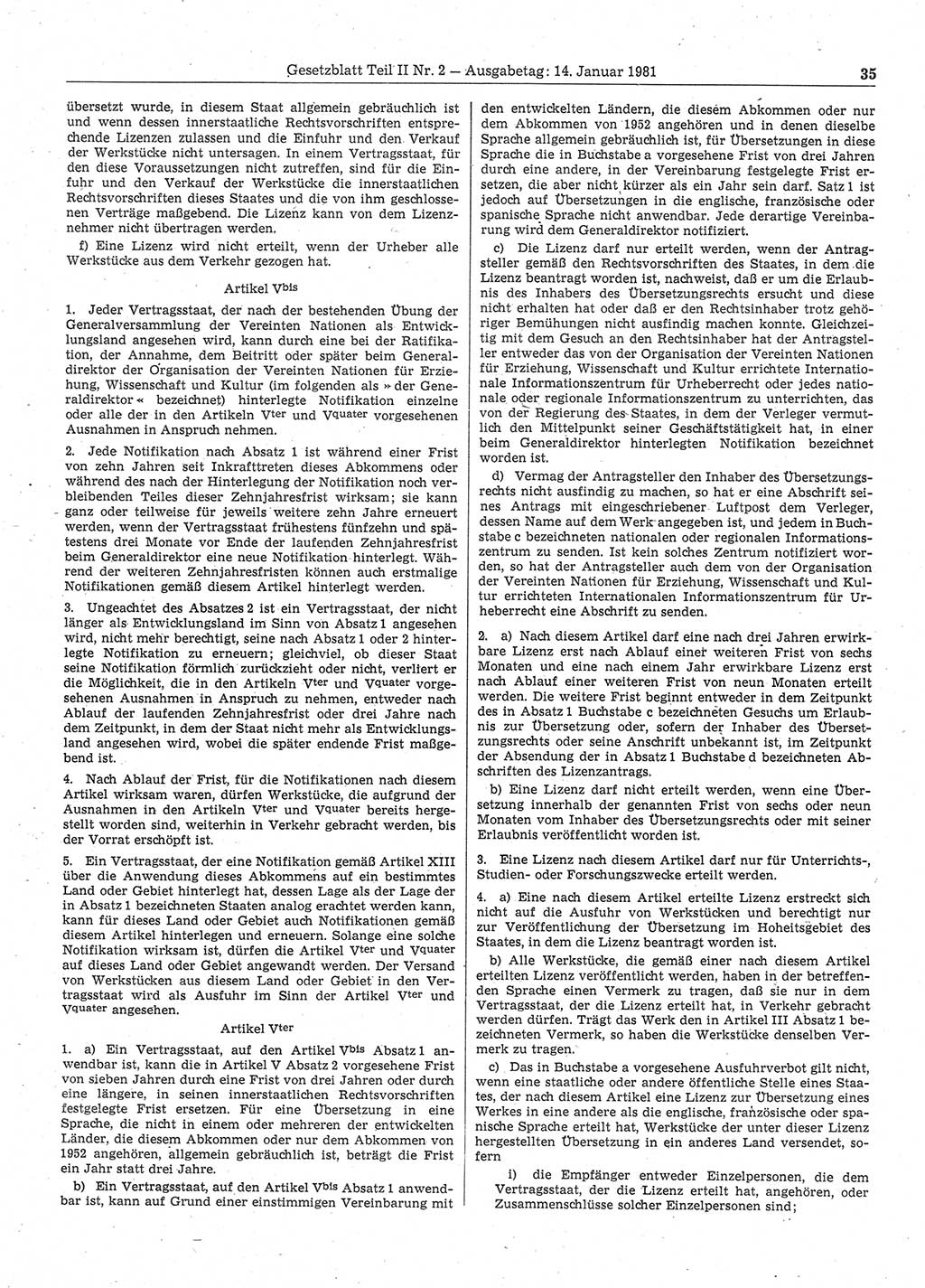Gesetzblatt (GBl.) der Deutschen Demokratischen Republik (DDR) Teil ⅠⅠ 1981, Seite 35 (GBl. DDR ⅠⅠ 1981, S. 35)