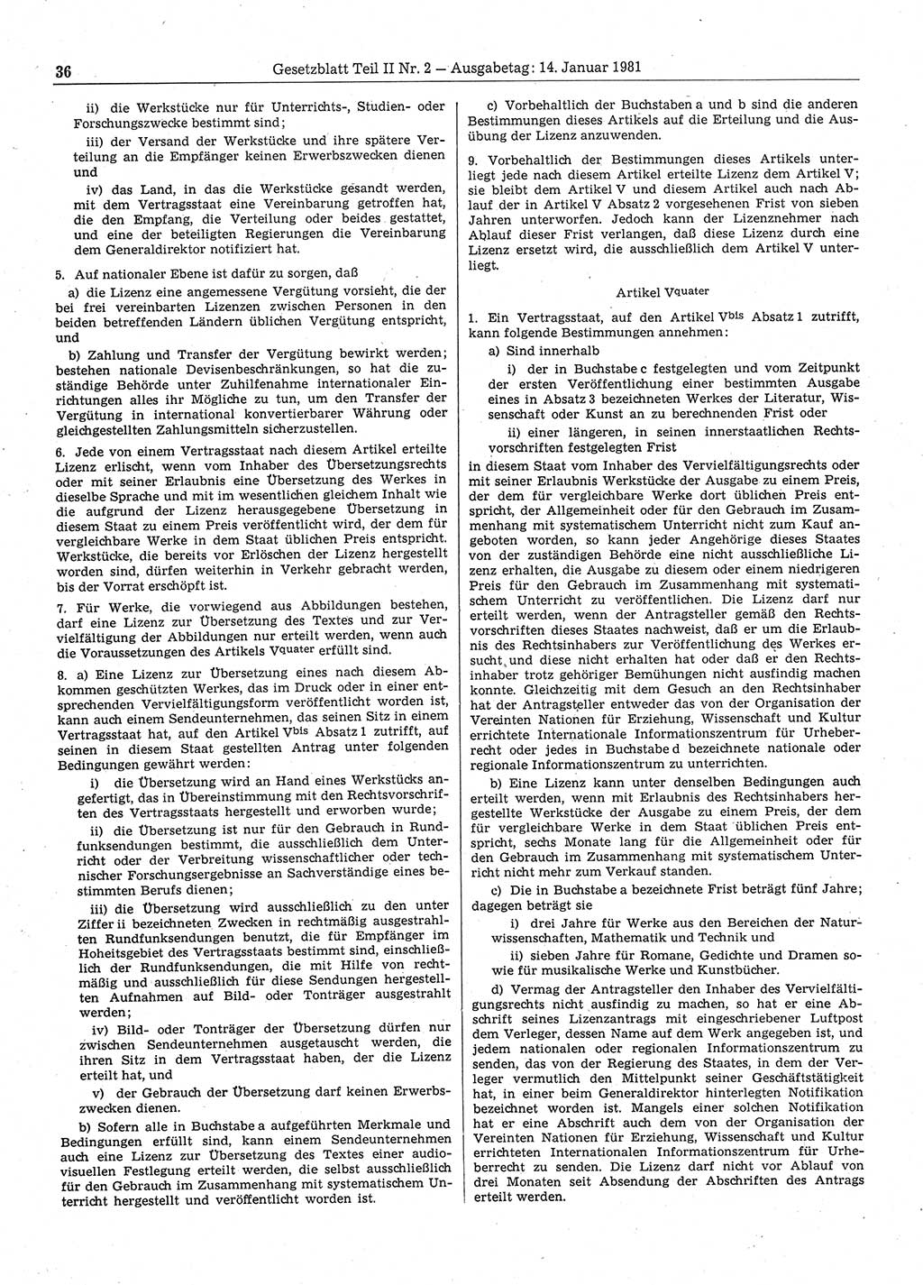 Gesetzblatt (GBl.) der Deutschen Demokratischen Republik (DDR) Teil ⅠⅠ 1981, Seite 36 (GBl. DDR ⅠⅠ 1981, S. 36)