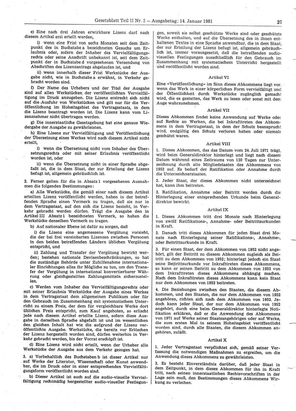 Gesetzblatt (GBl.) der Deutschen Demokratischen Republik (DDR) Teil ⅠⅠ 1981, Seite 37 (GBl. DDR ⅠⅠ 1981, S. 37)