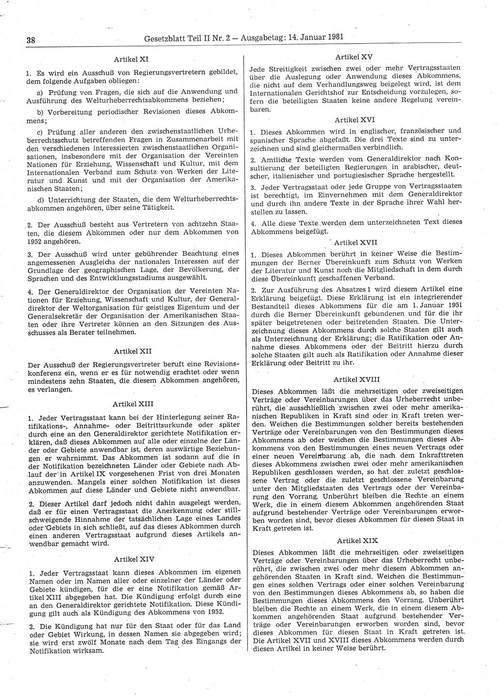 Gesetzblatt (GBl.) der Deutschen Demokratischen Republik (DDR) Teil ⅠⅠ 1981, Seite 38 (GBl. DDR ⅠⅠ 1981, S. 38)