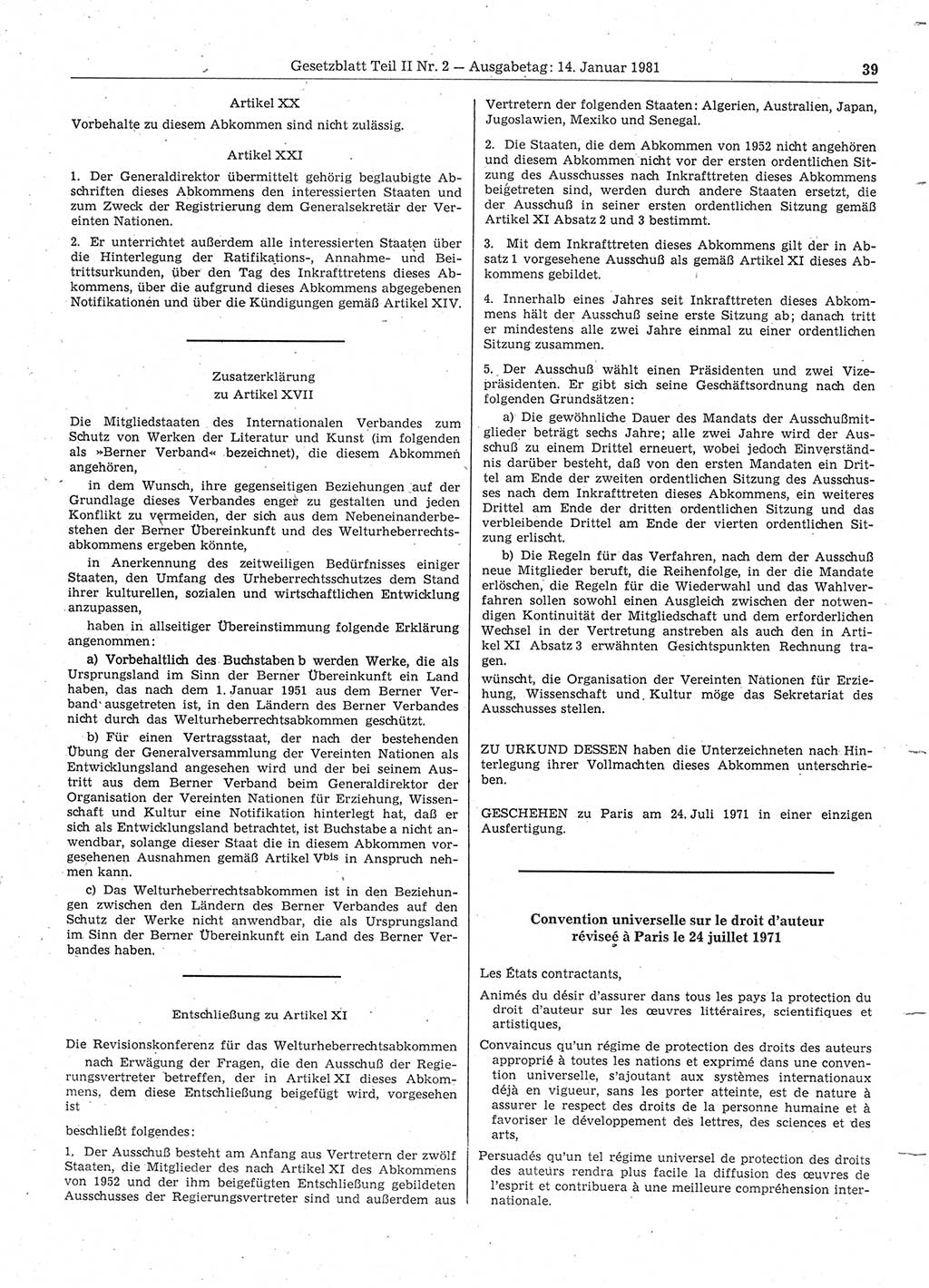 Gesetzblatt (GBl.) der Deutschen Demokratischen Republik (DDR) Teil ⅠⅠ 1981, Seite 39 (GBl. DDR ⅠⅠ 1981, S. 39)