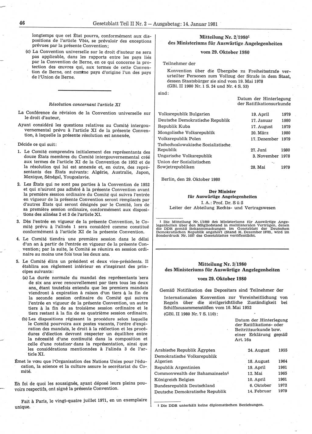 Gesetzblatt (GBl.) der Deutschen Demokratischen Republik (DDR) Teil ⅠⅠ 1981, Seite 46 (GBl. DDR ⅠⅠ 1981, S. 46)