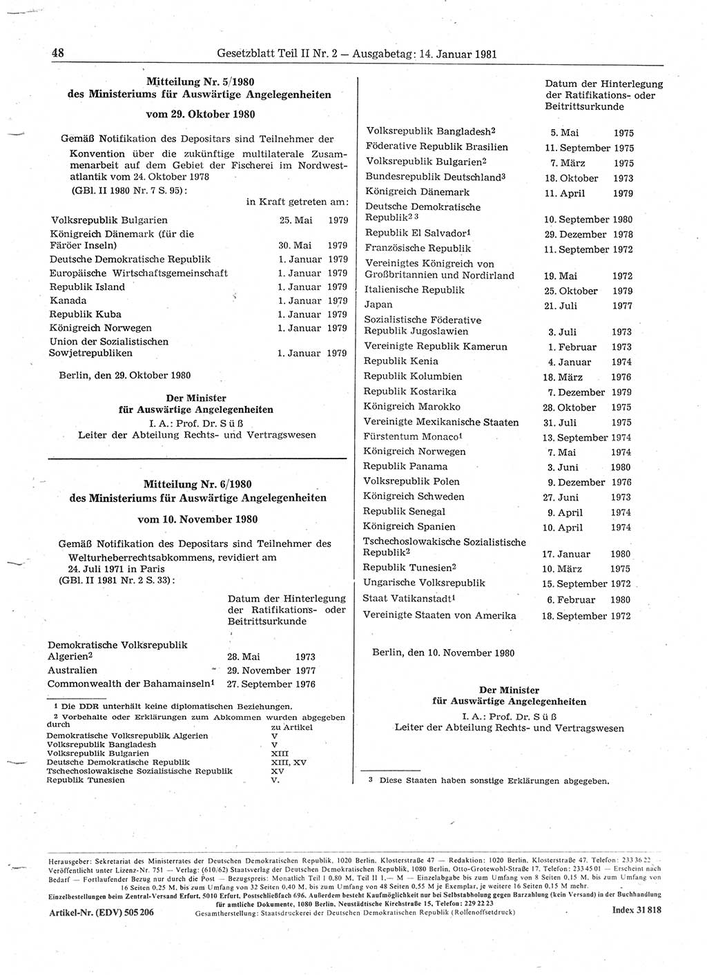 Gesetzblatt (GBl.) der Deutschen Demokratischen Republik (DDR) Teil ⅠⅠ 1981, Seite 48 (GBl. DDR ⅠⅠ 1981, S. 48)