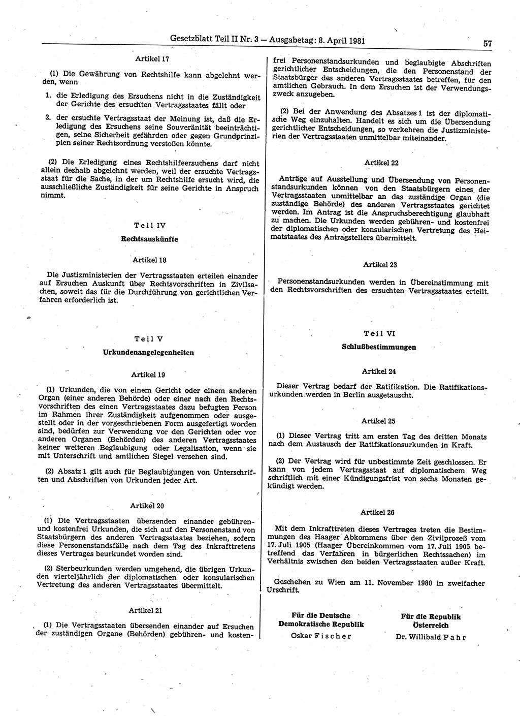 Gesetzblatt (GBl.) der Deutschen Demokratischen Republik (DDR) Teil ⅠⅠ 1981, Seite 57 (GBl. DDR ⅠⅠ 1981, S. 57)