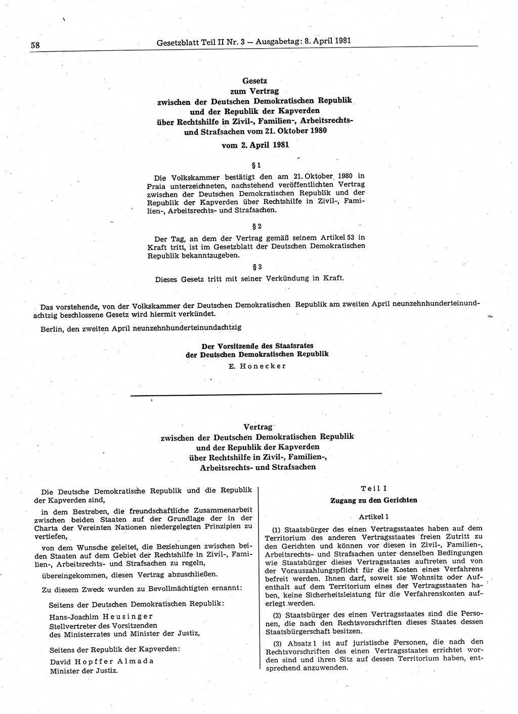 Gesetzblatt (GBl.) der Deutschen Demokratischen Republik (DDR) Teil ⅠⅠ 1981, Seite 58 (GBl. DDR ⅠⅠ 1981, S. 58)
