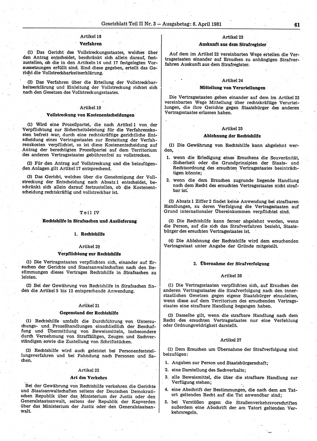 Gesetzblatt (GBl.) der Deutschen Demokratischen Republik (DDR) Teil ⅠⅠ 1981, Seite 61 (GBl. DDR ⅠⅠ 1981, S. 61)