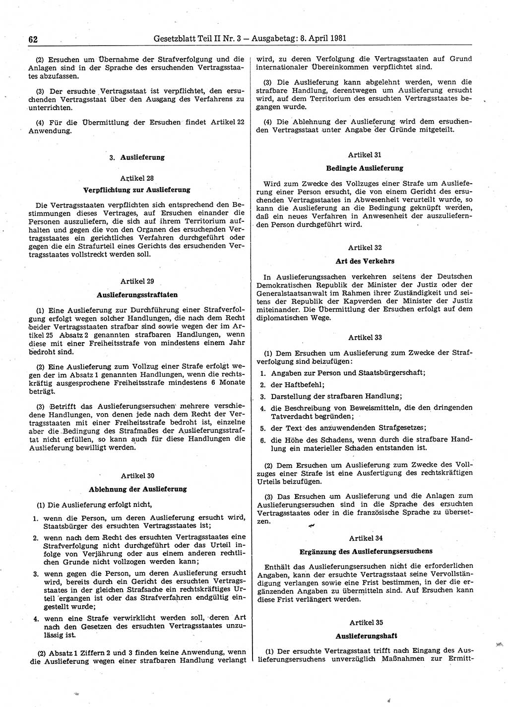 Gesetzblatt (GBl.) der Deutschen Demokratischen Republik (DDR) Teil ⅠⅠ 1981, Seite 62 (GBl. DDR ⅠⅠ 1981, S. 62)