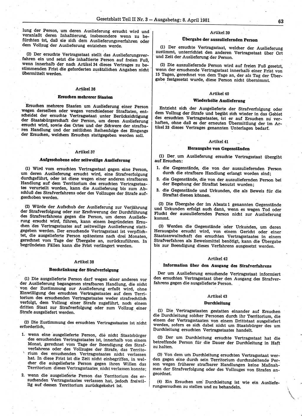 Gesetzblatt (GBl.) der Deutschen Demokratischen Republik (DDR) Teil ⅠⅠ 1981, Seite 63 (GBl. DDR ⅠⅠ 1981, S. 63)