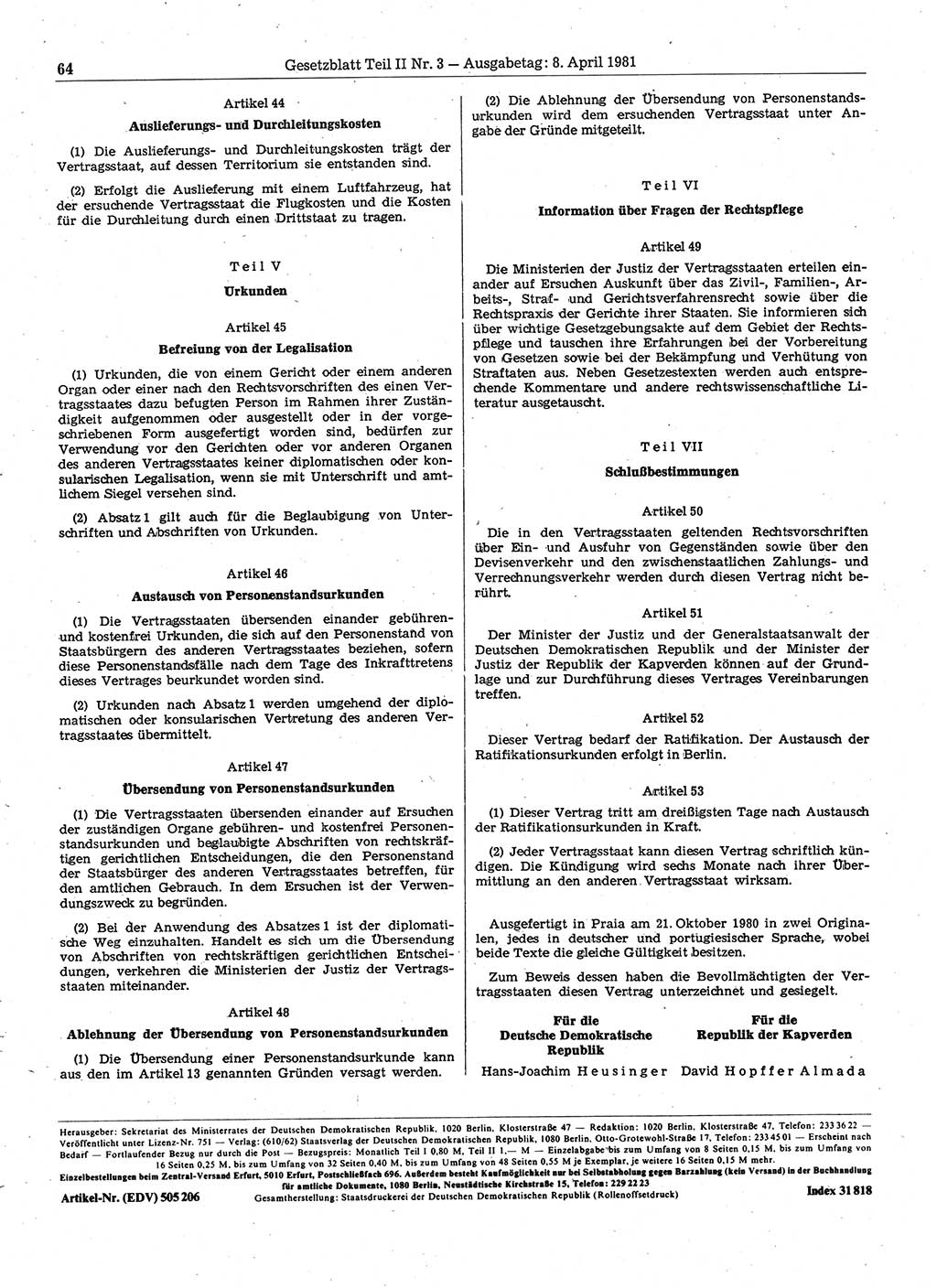 Gesetzblatt (GBl.) der Deutschen Demokratischen Republik (DDR) Teil ⅠⅠ 1981, Seite 64 (GBl. DDR ⅠⅠ 1981, S. 64)