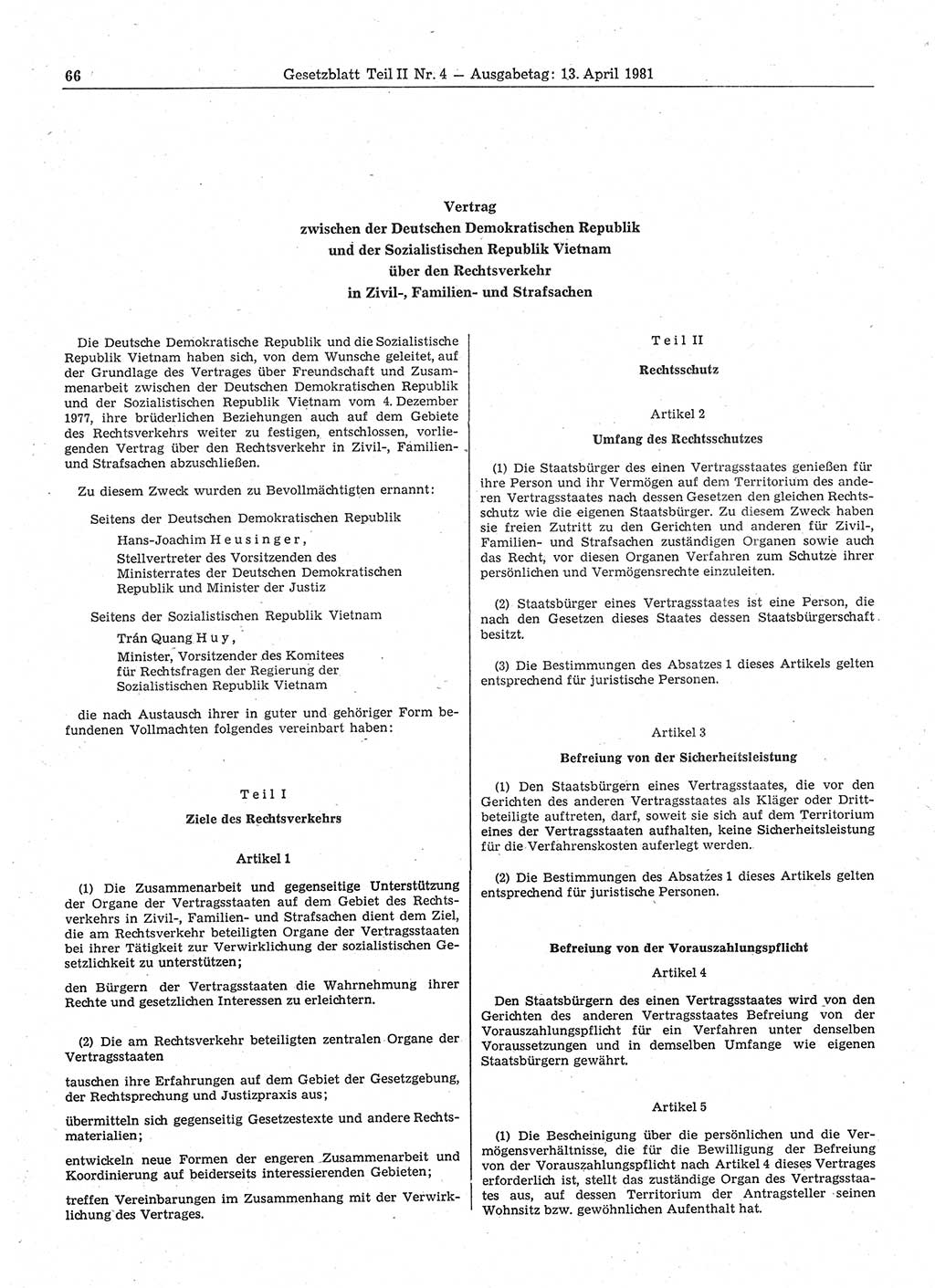 Gesetzblatt (GBl.) der Deutschen Demokratischen Republik (DDR) Teil ⅠⅠ 1981, Seite 66 (GBl. DDR ⅠⅠ 1981, S. 66)