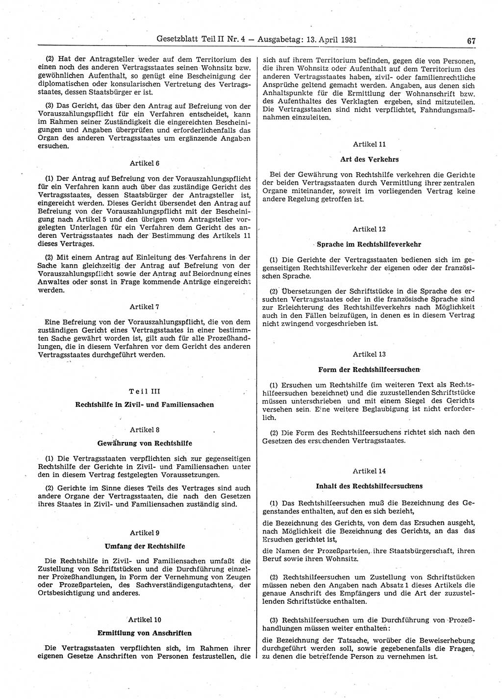 Gesetzblatt (GBl.) der Deutschen Demokratischen Republik (DDR) Teil ⅠⅠ 1981, Seite 67 (GBl. DDR ⅠⅠ 1981, S. 67)