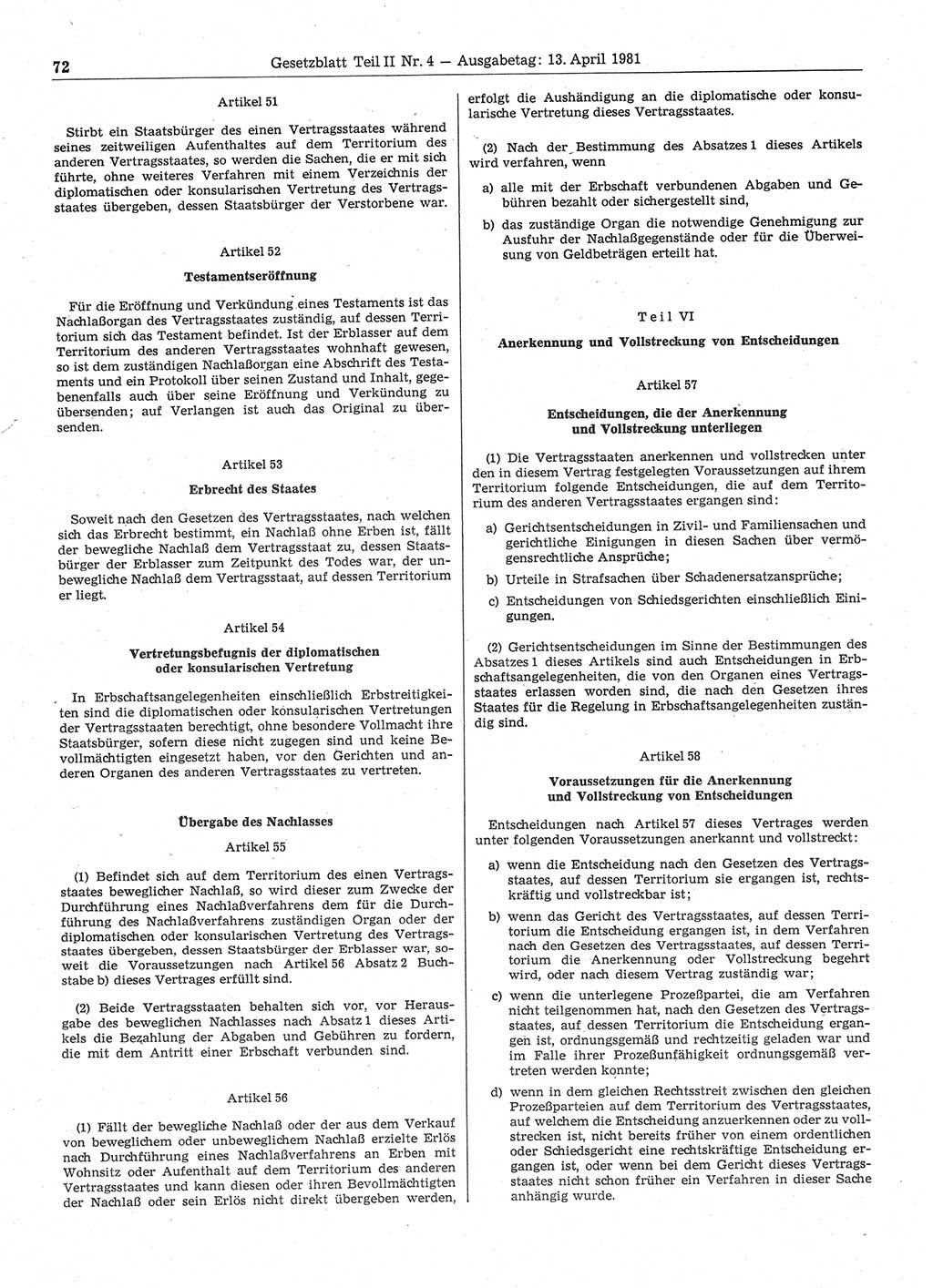 Gesetzblatt (GBl.) der Deutschen Demokratischen Republik (DDR) Teil ⅠⅠ 1981, Seite 72 (GBl. DDR ⅠⅠ 1981, S. 72)