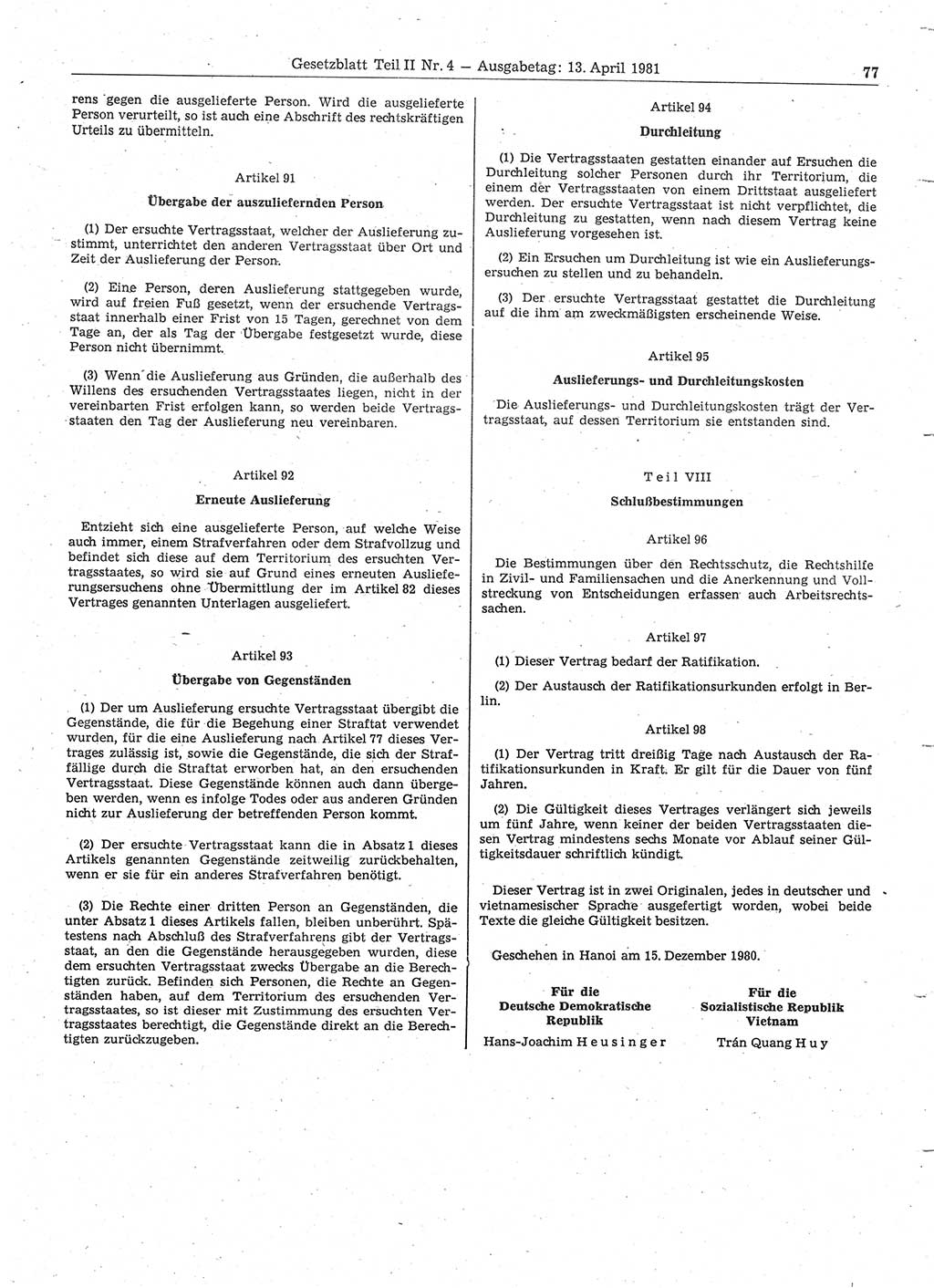 Gesetzblatt (GBl.) der Deutschen Demokratischen Republik (DDR) Teil ⅠⅠ 1981, Seite 77 (GBl. DDR ⅠⅠ 1981, S. 77)