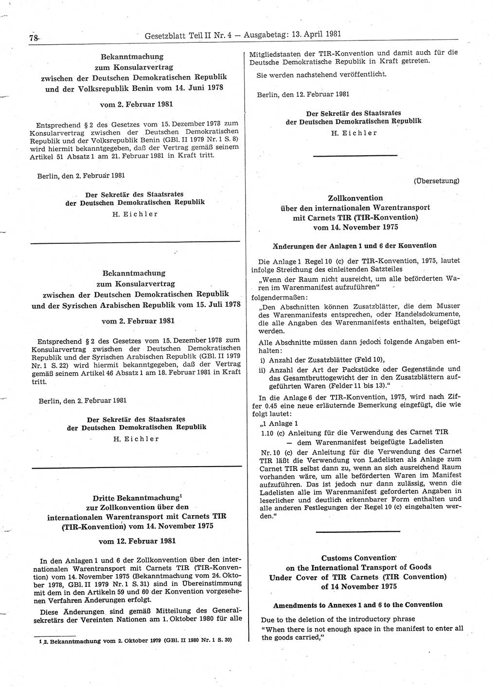 Gesetzblatt (GBl.) der Deutschen Demokratischen Republik (DDR) Teil ⅠⅠ 1981, Seite 78 (GBl. DDR ⅠⅠ 1981, S. 78)