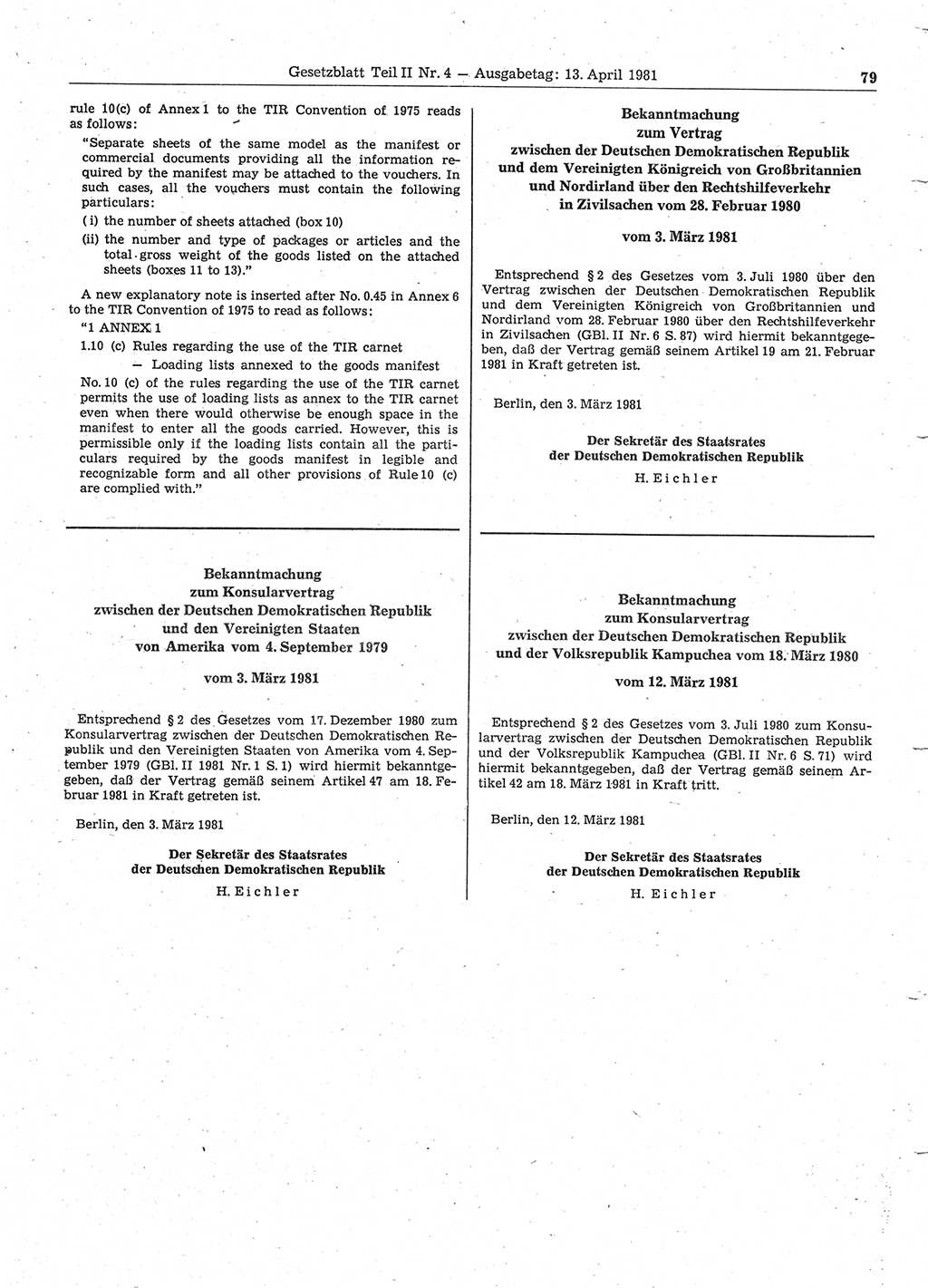 Gesetzblatt (GBl.) der Deutschen Demokratischen Republik (DDR) Teil ⅠⅠ 1981, Seite 79 (GBl. DDR ⅠⅠ 1981, S. 79)