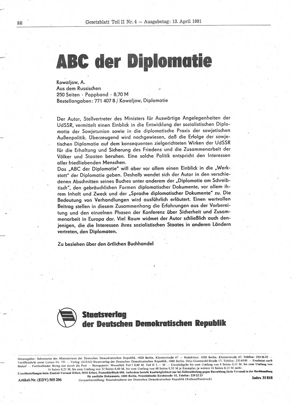 Gesetzblatt (GBl.) der Deutschen Demokratischen Republik (DDR) Teil ⅠⅠ 1981, Seite 80 (GBl. DDR ⅠⅠ 1981, S. 80)