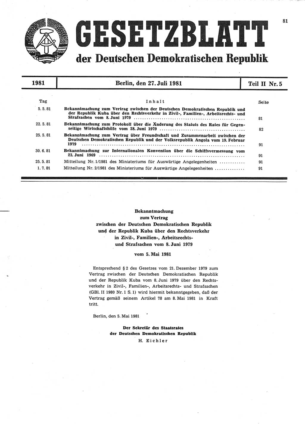 Gesetzblatt (GBl.) der Deutschen Demokratischen Republik (DDR) Teil ⅠⅠ 1981, Seite 81 (GBl. DDR ⅠⅠ 1981, S. 81)