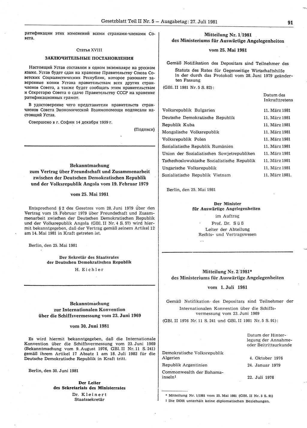 Gesetzblatt (GBl.) der Deutschen Demokratischen Republik (DDR) Teil ⅠⅠ 1981, Seite 91 (GBl. DDR ⅠⅠ 1981, S. 91)