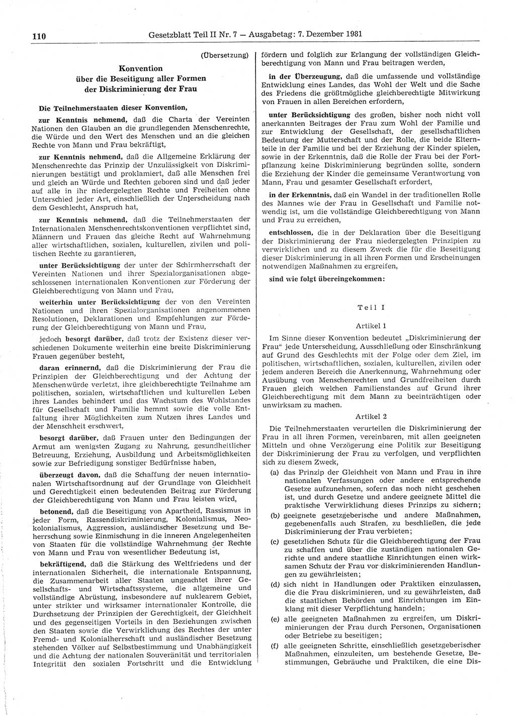 Gesetzblatt (GBl.) der Deutschen Demokratischen Republik (DDR) Teil ⅠⅠ 1981, Seite 110 (GBl. DDR ⅠⅠ 1981, S. 110)