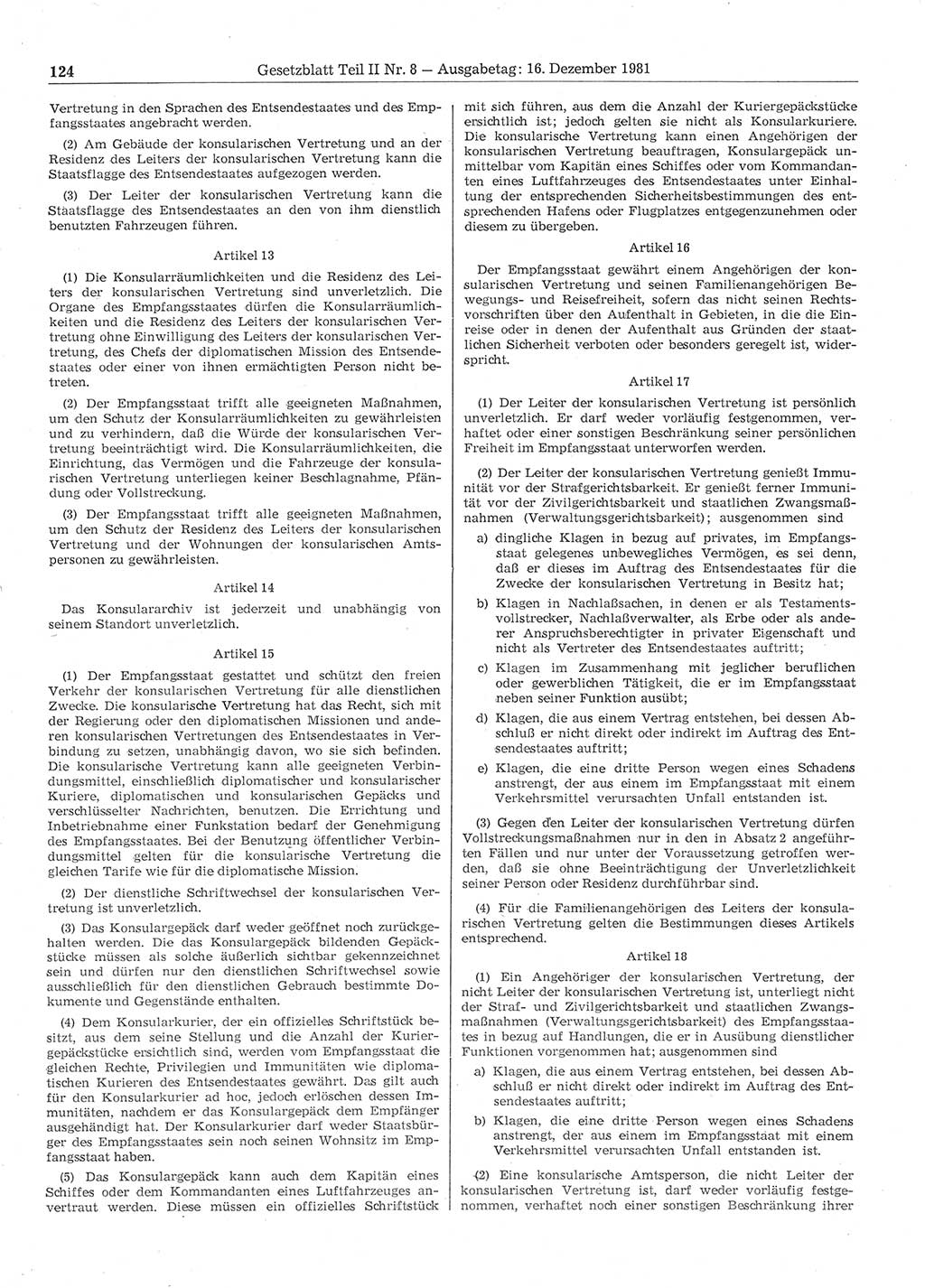 Gesetzblatt (GBl.) der Deutschen Demokratischen Republik (DDR) Teil ⅠⅠ 1981, Seite 124 (GBl. DDR ⅠⅠ 1981, S. 124)