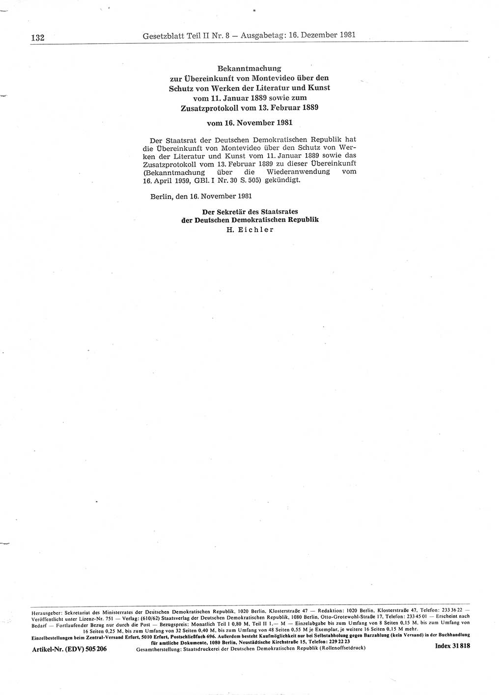 Gesetzblatt (GBl.) der Deutschen Demokratischen Republik (DDR) Teil ⅠⅠ 1981, Seite 132 (GBl. DDR ⅠⅠ 1981, S. 132)
