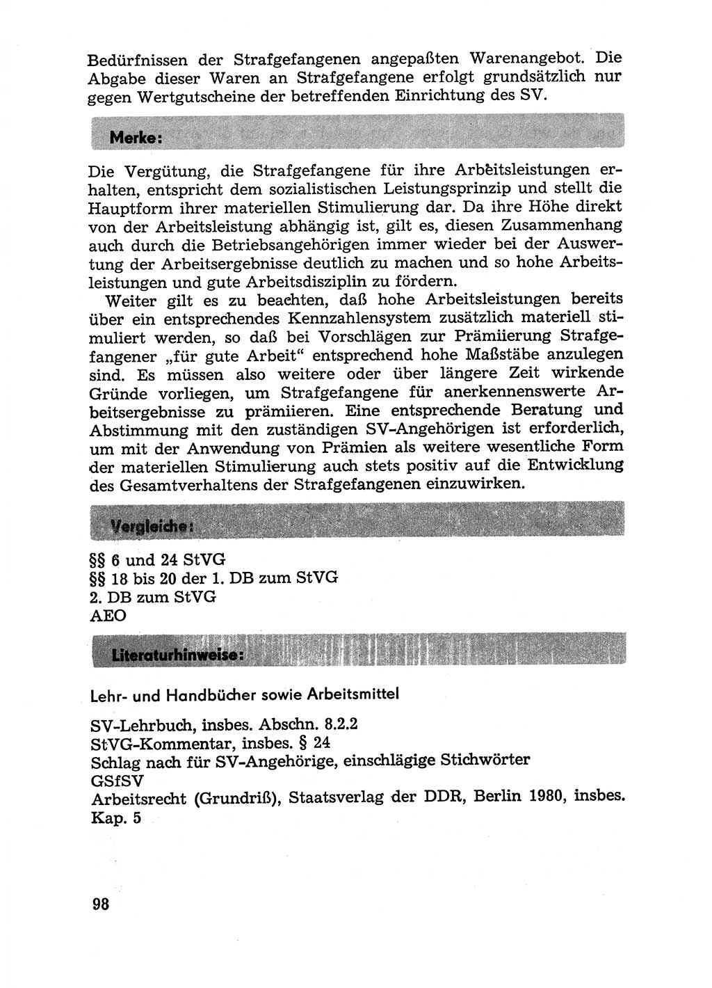 Handbuch für Betriebsangehörige, Abteilung Strafvollzug (SV) [Ministerium des Innern (MdI) Deutsche Demokratische Republik (DDR)] 1981, Seite 98 (Hb. BA Abt. SV MdI DDR 1981, S. 98)