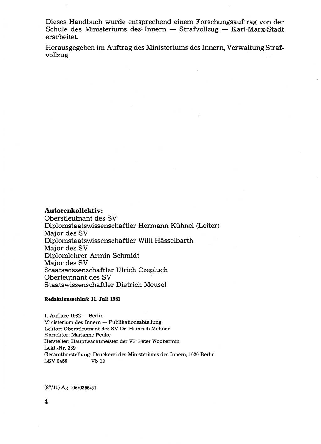 Handbuch für operative Dienste, Abteilung Strafvollzug (SV) [Ministerium des Innern (MdI) Deutsche Demokratische Republik (DDR)] 1981, Seite 4 (Hb. op. D. Abt. SV MdI DDR 1981, S. 4)