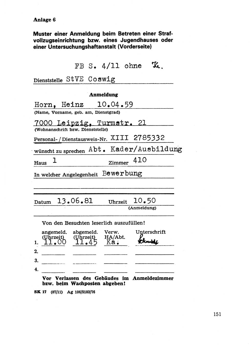 Handbuch für operative Dienste, Abteilung Strafvollzug (SV) [Ministerium des Innern (MdI) Deutsche Demokratische Republik (DDR)] 1981, Seite 151 (Hb. op. D. Abt. SV MdI DDR 1981, S. 151)