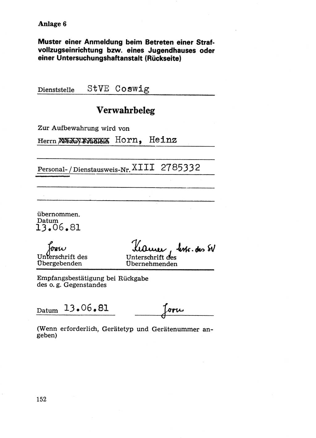 Handbuch für operative Dienste, Abteilung Strafvollzug (SV) [Ministerium des Innern (MdI) Deutsche Demokratische Republik (DDR)] 1981, Seite 152 (Hb. op. D. Abt. SV MdI DDR 1981, S. 152)