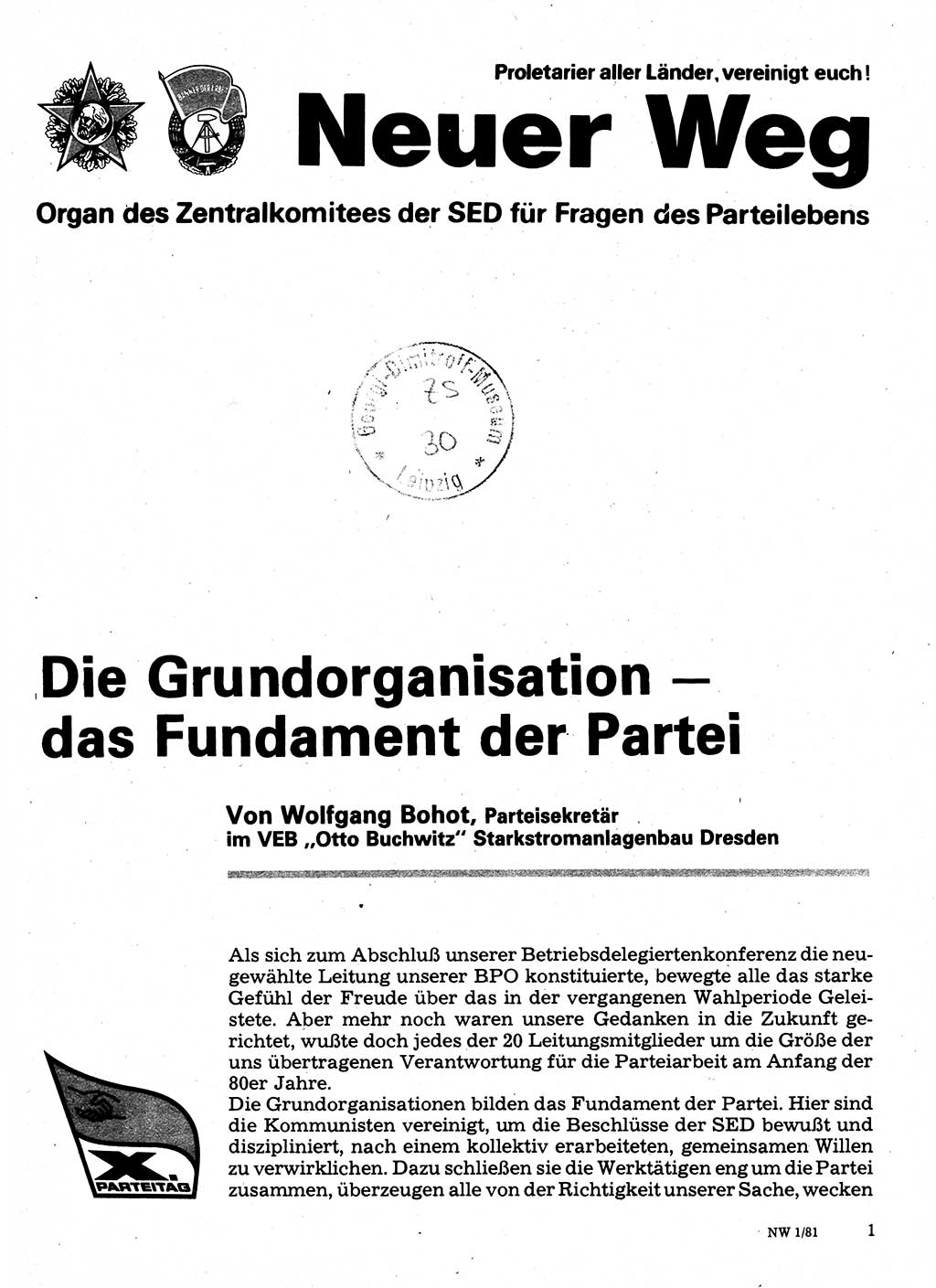 Neuer Weg (NW), Organ des Zentralkomitees (ZK) der SED (Sozialistische Einheitspartei Deutschlands) für Fragen des Parteilebens, 36. Jahrgang [Deutsche Demokratische Republik (DDR)] 1981, Seite 1 (NW ZK SED DDR 1981, S. 1)