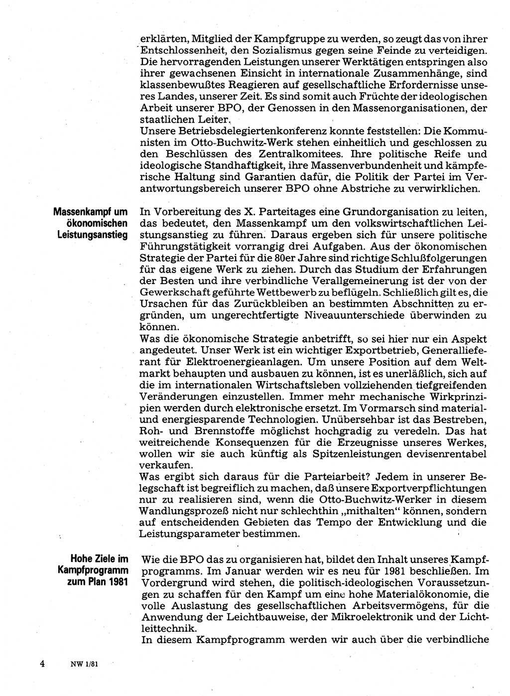 Neuer Weg (NW), Organ des Zentralkomitees (ZK) der SED (Sozialistische Einheitspartei Deutschlands) für Fragen des Parteilebens, 36. Jahrgang [Deutsche Demokratische Republik (DDR)] 1981, Seite 4 (NW ZK SED DDR 1981, S. 4)