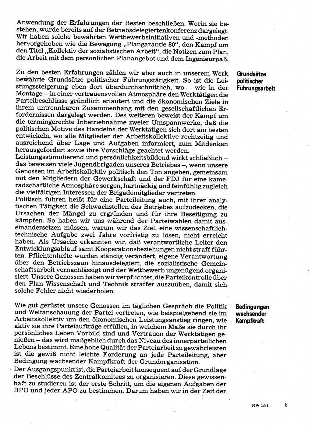 Neuer Weg (NW), Organ des Zentralkomitees (ZK) der SED (Sozialistische Einheitspartei Deutschlands) für Fragen des Parteilebens, 36. Jahrgang [Deutsche Demokratische Republik (DDR)] 1981, Seite 5 (NW ZK SED DDR 1981, S. 5)