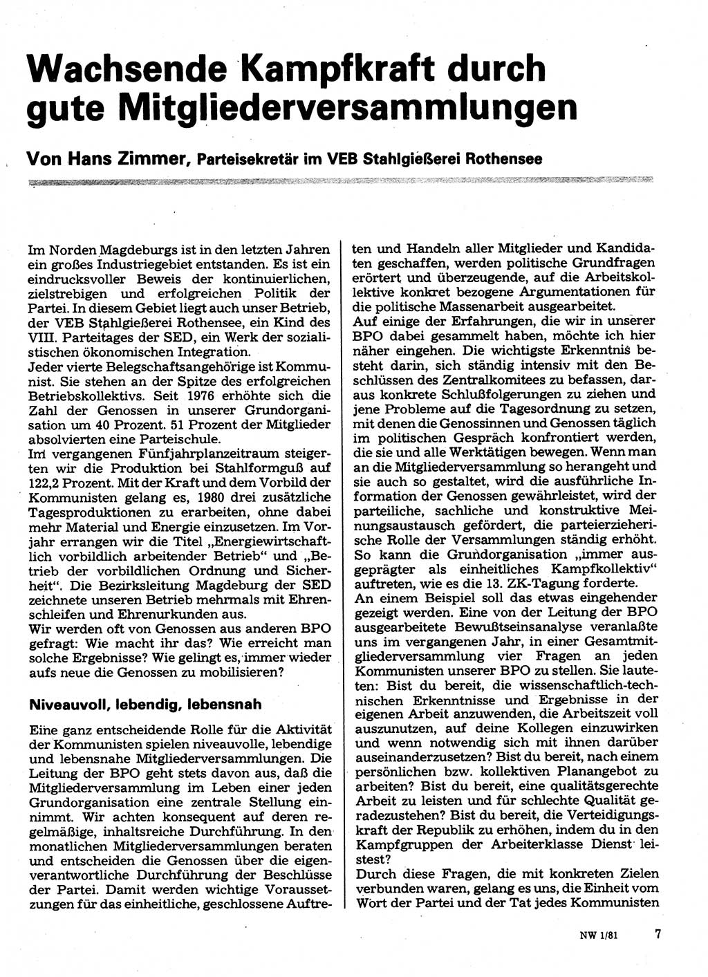 Neuer Weg (NW), Organ des Zentralkomitees (ZK) der SED (Sozialistische Einheitspartei Deutschlands) für Fragen des Parteilebens, 36. Jahrgang [Deutsche Demokratische Republik (DDR)] 1981, Seite 7 (NW ZK SED DDR 1981, S. 7)