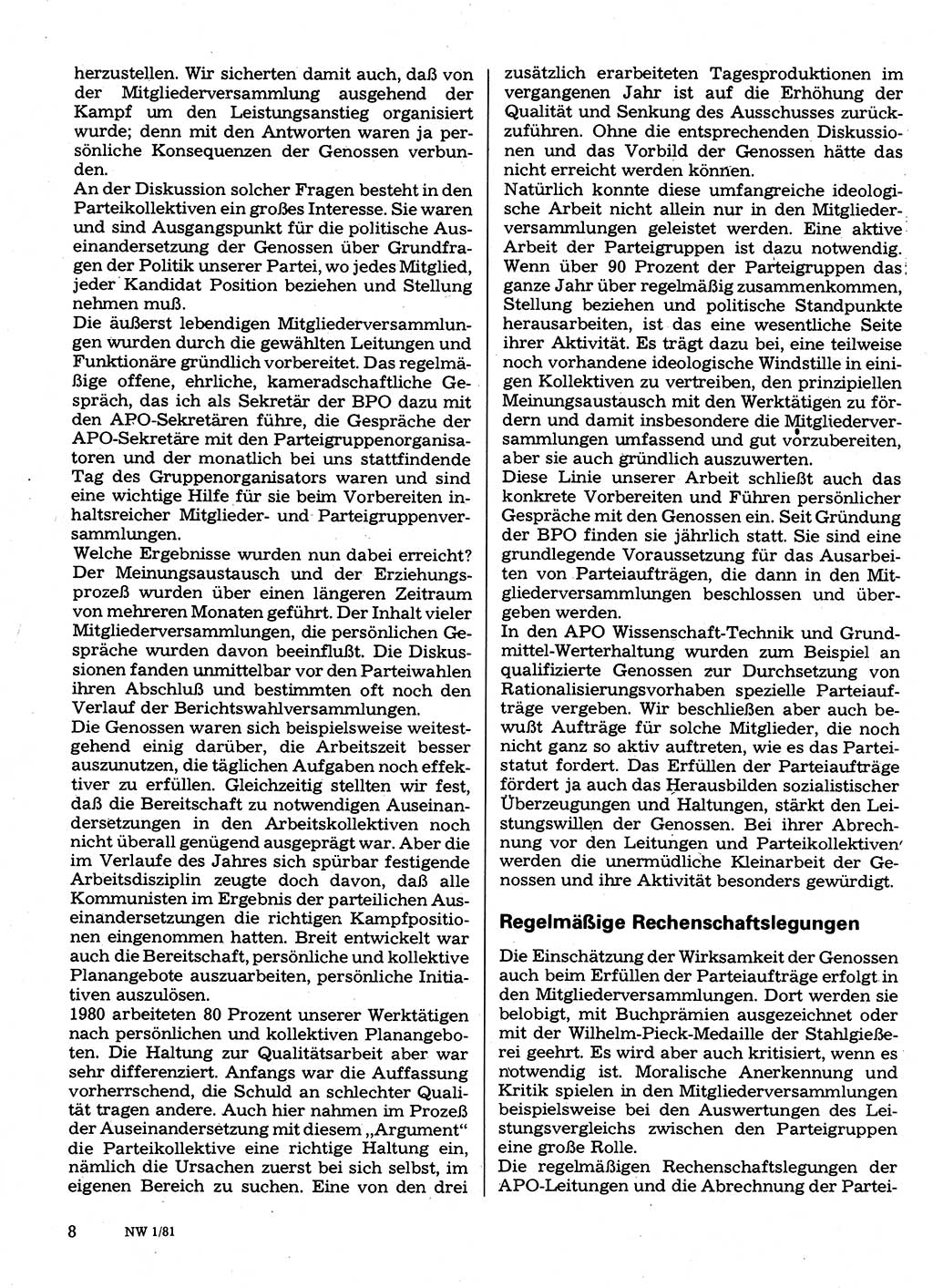 Neuer Weg (NW), Organ des Zentralkomitees (ZK) der SED (Sozialistische Einheitspartei Deutschlands) für Fragen des Parteilebens, 36. Jahrgang [Deutsche Demokratische Republik (DDR)] 1981, Seite 8 (NW ZK SED DDR 1981, S. 8)