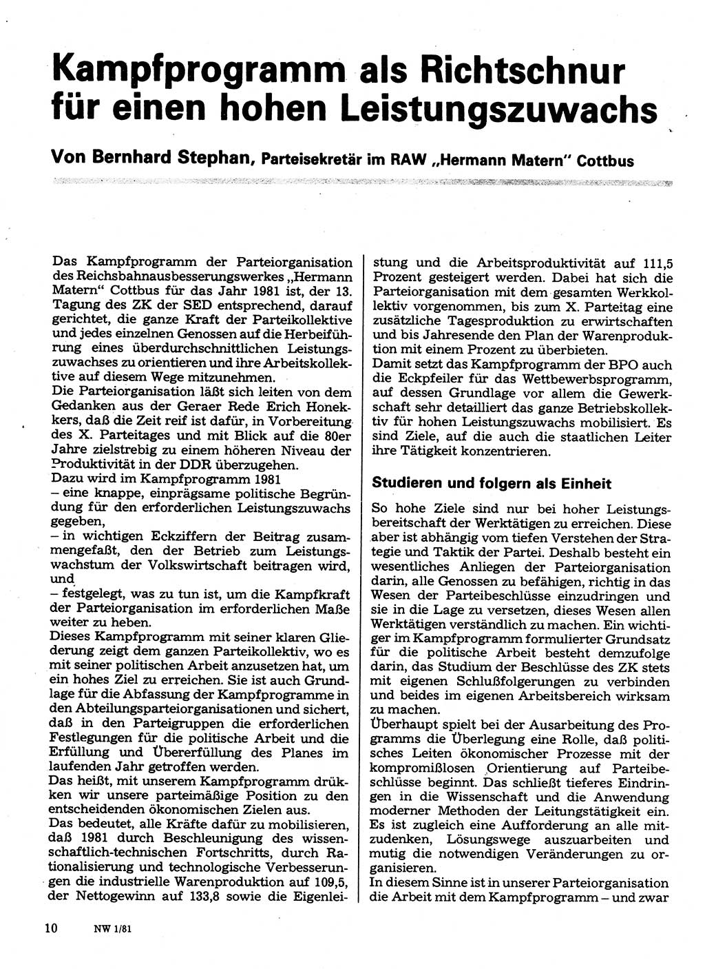 Neuer Weg (NW), Organ des Zentralkomitees (ZK) der SED (Sozialistische Einheitspartei Deutschlands) für Fragen des Parteilebens, 36. Jahrgang [Deutsche Demokratische Republik (DDR)] 1981, Seite 10 (NW ZK SED DDR 1981, S. 10)