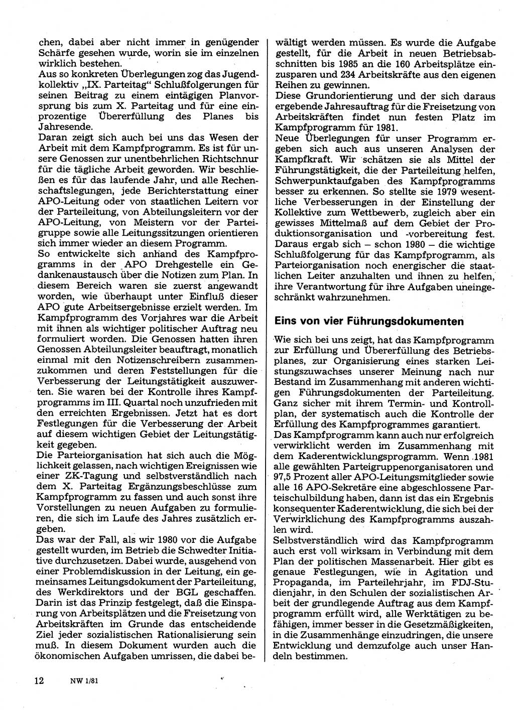Neuer Weg (NW), Organ des Zentralkomitees (ZK) der SED (Sozialistische Einheitspartei Deutschlands) für Fragen des Parteilebens, 36. Jahrgang [Deutsche Demokratische Republik (DDR)] 1981, Seite 12 (NW ZK SED DDR 1981, S. 12)