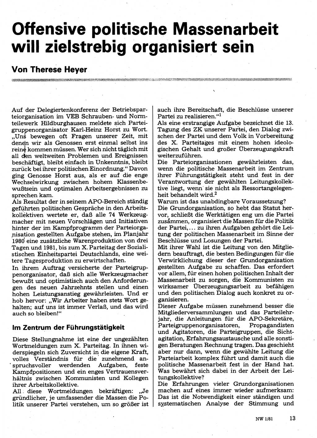 Neuer Weg (NW), Organ des Zentralkomitees (ZK) der SED (Sozialistische Einheitspartei Deutschlands) für Fragen des Parteilebens, 36. Jahrgang [Deutsche Demokratische Republik (DDR)] 1981, Seite 13 (NW ZK SED DDR 1981, S. 13)